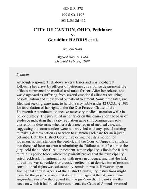 city of canton v. harris|CITY OF CANTON, OHIO v. HARRIS et al. (1989) .